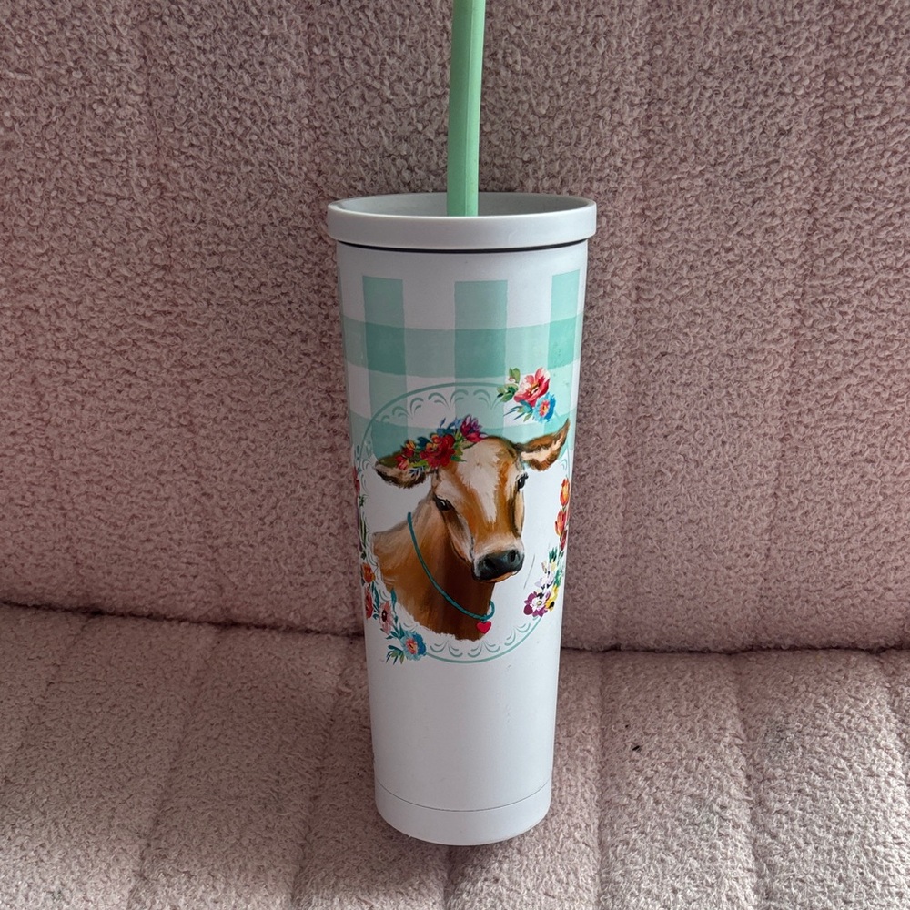 The Pioneer Woman Floral Cow Tumbler with Straw - White and Green